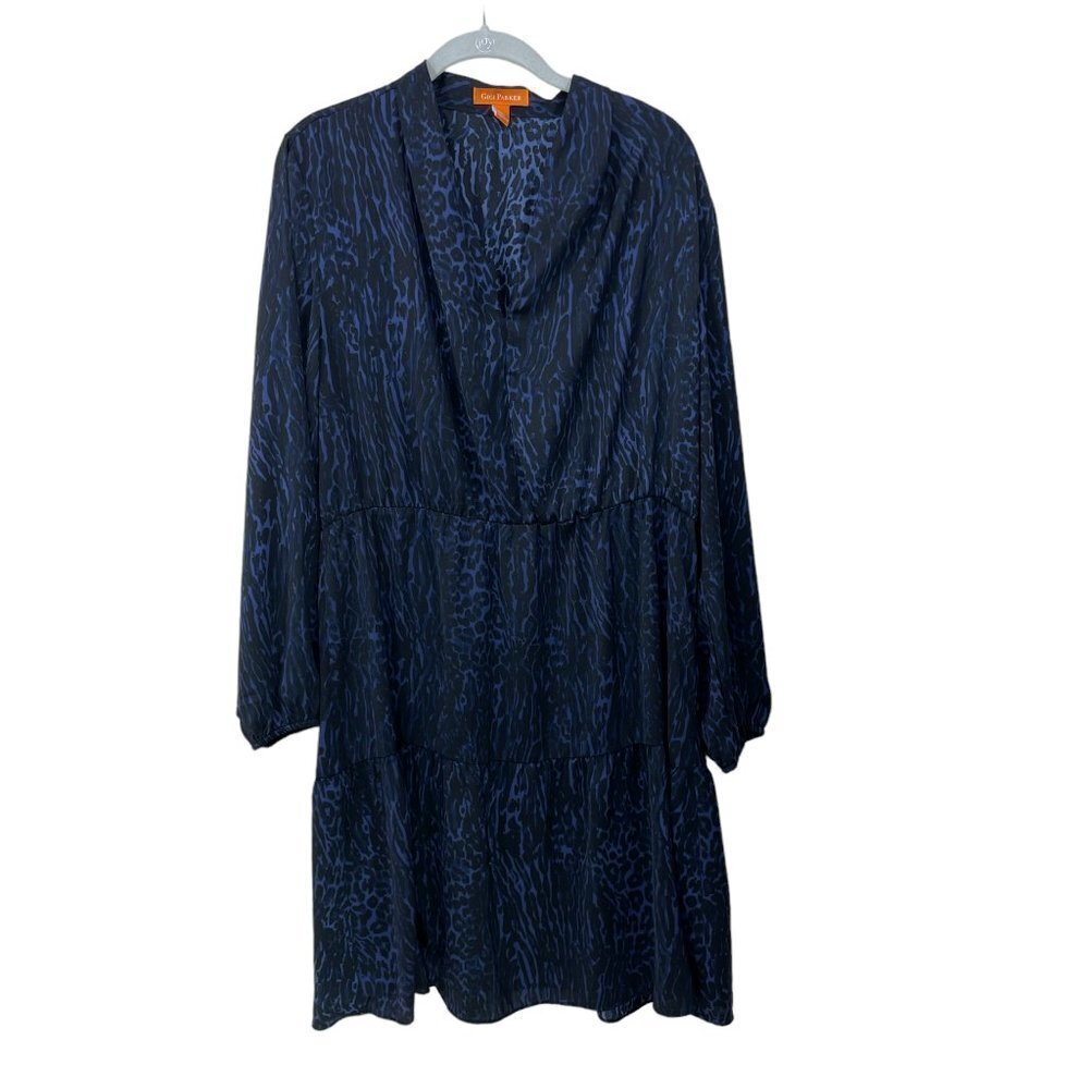Gigi Parker Size‎ L Navy  Leopard Eclipse Tiered Long Sleeve Pullover Dress